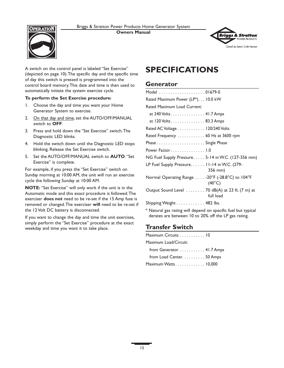 Maintenance, Reset fault detection system, Fault detection system | No blinks - ‚dead™ unit, Low battery voltage, Low oil pressure, Specifications, Generator, Transfer switch | Briggs & Stratton 190839GS User Manual | Page 15 / 72