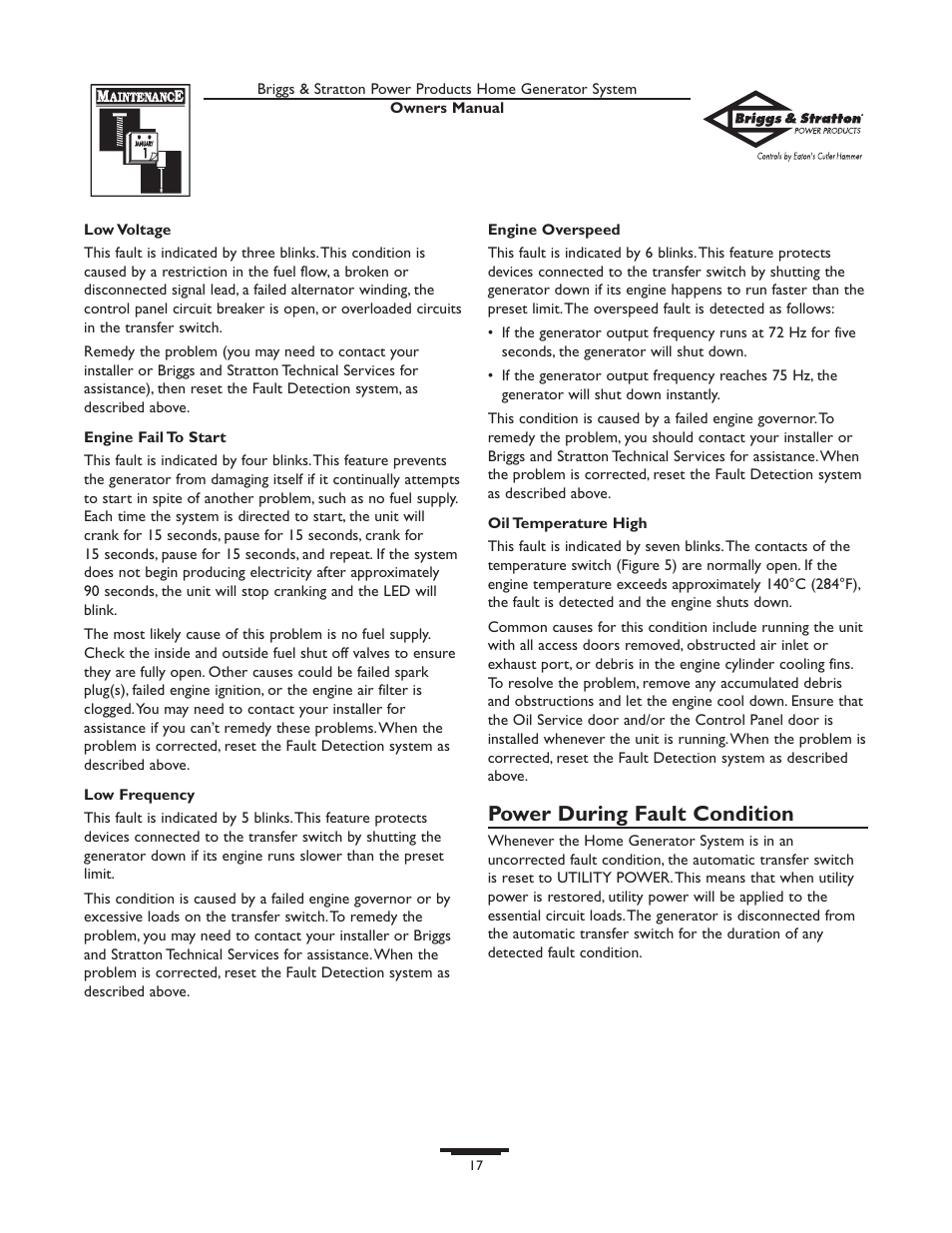 To clean the generator, Generator maintenance, Power during fault condition | Briggs & Stratton 190839GS User Manual | Page 17 / 72
