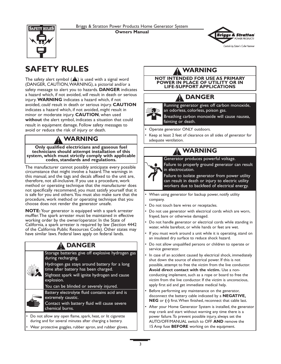 Safety rules, Safety rules -4, Danger | Warning | Briggs & Stratton 190839GS User Manual | Page 3 / 72