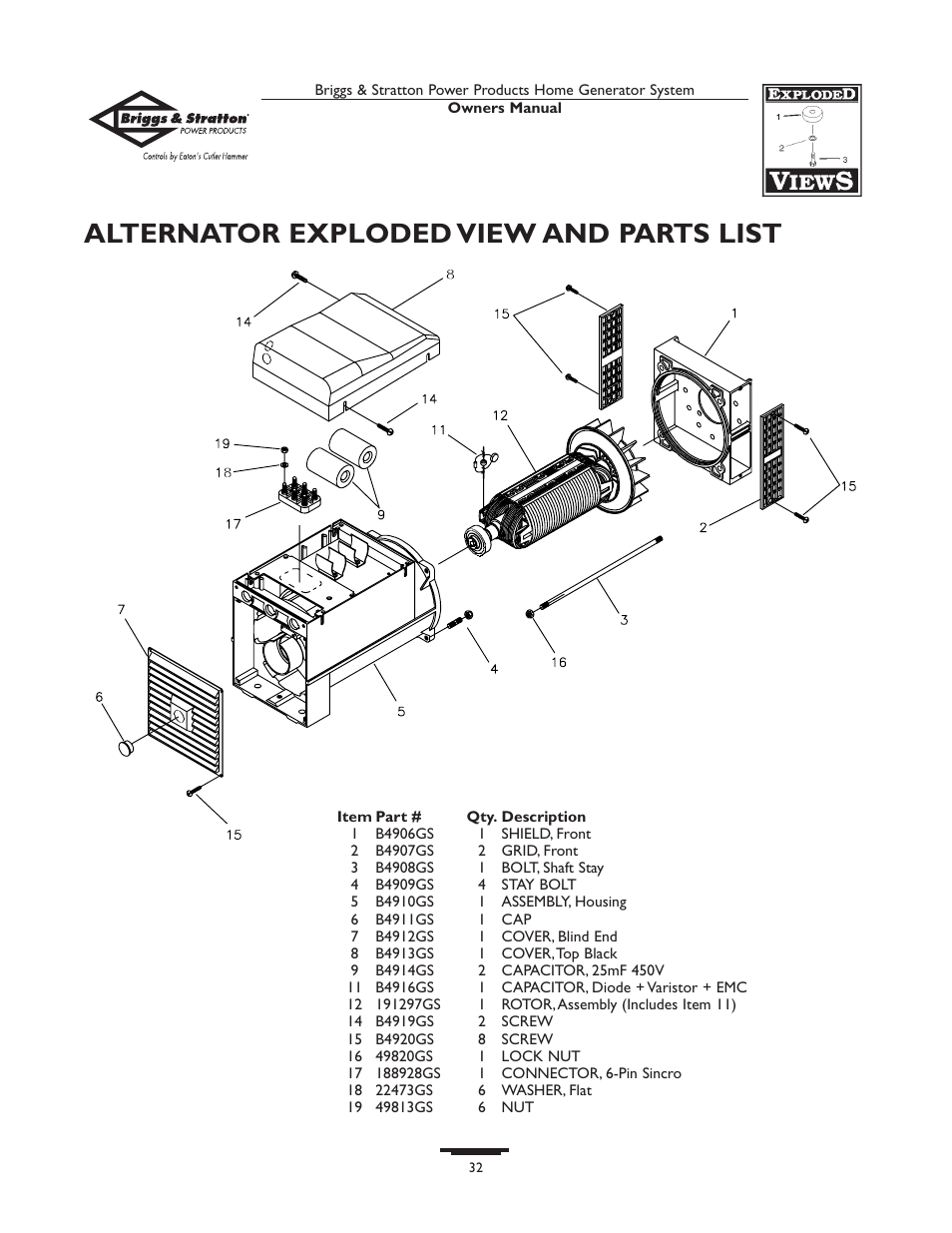 Al ternator exploded view and parts list | Briggs & Stratton 190839GS User Manual | Page 32 / 72