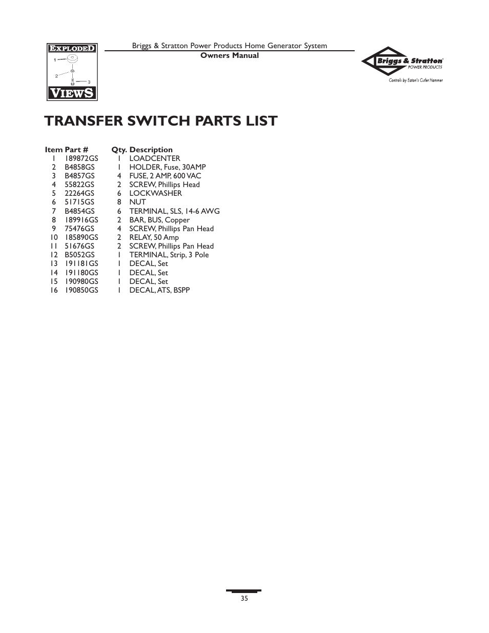 Transfer switch parts list | Briggs & Stratton 190839GS User Manual | Page 35 / 72