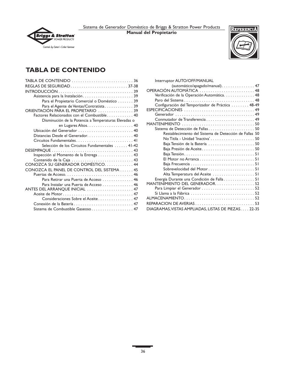 Briggs & Stratton 190839GS User Manual | Page 36 / 72