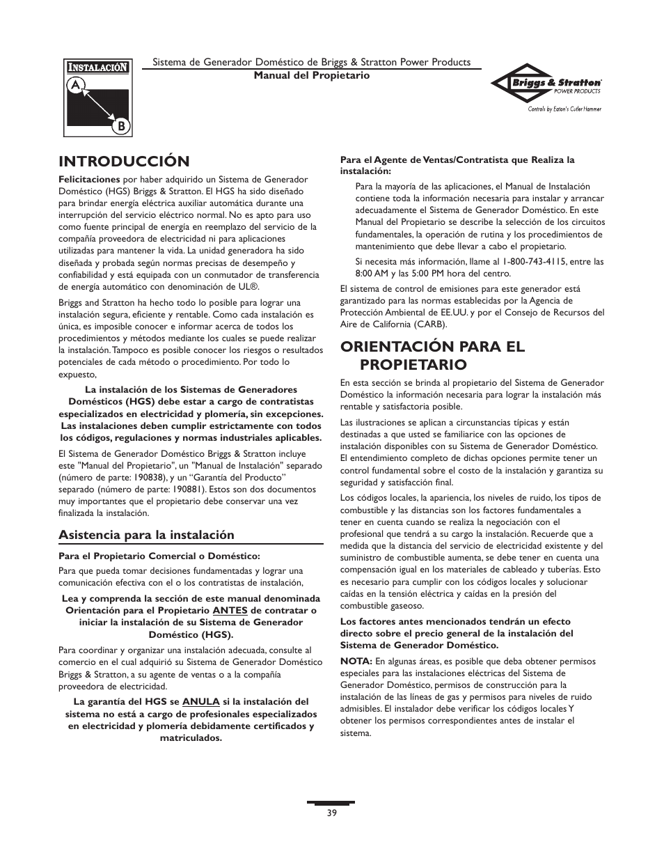 Introducción, Orientación para el propietario | Briggs & Stratton 190839GS User Manual | Page 39 / 72