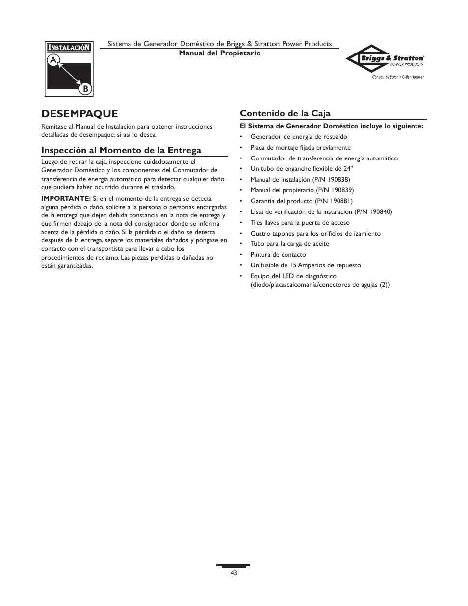 Briggs & Stratton 190839GS User Manual | Page 43 / 72