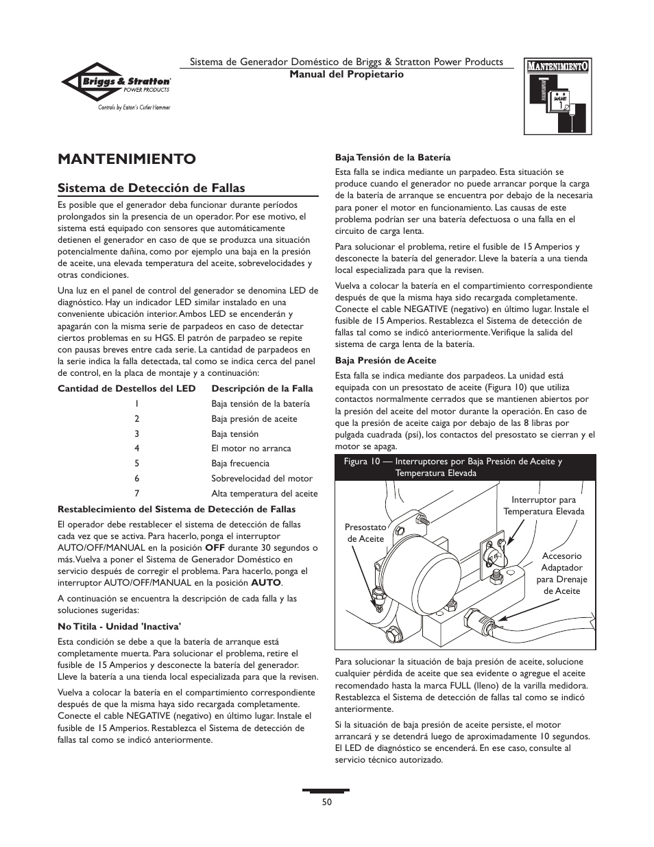 Mantenimiento, Sistema de detección de fallas | Briggs & Stratton 190839GS User Manual | Page 50 / 72