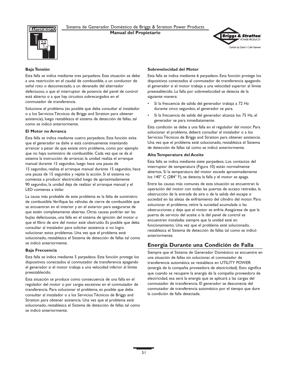 Energía durante una condición de falla | Briggs & Stratton 190839GS User Manual | Page 51 / 72