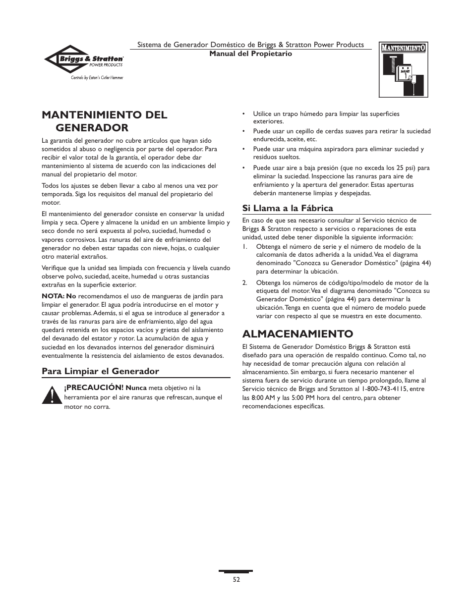 Mantenimiento del generador, Almacenamiento | Briggs & Stratton 190839GS User Manual | Page 52 / 72