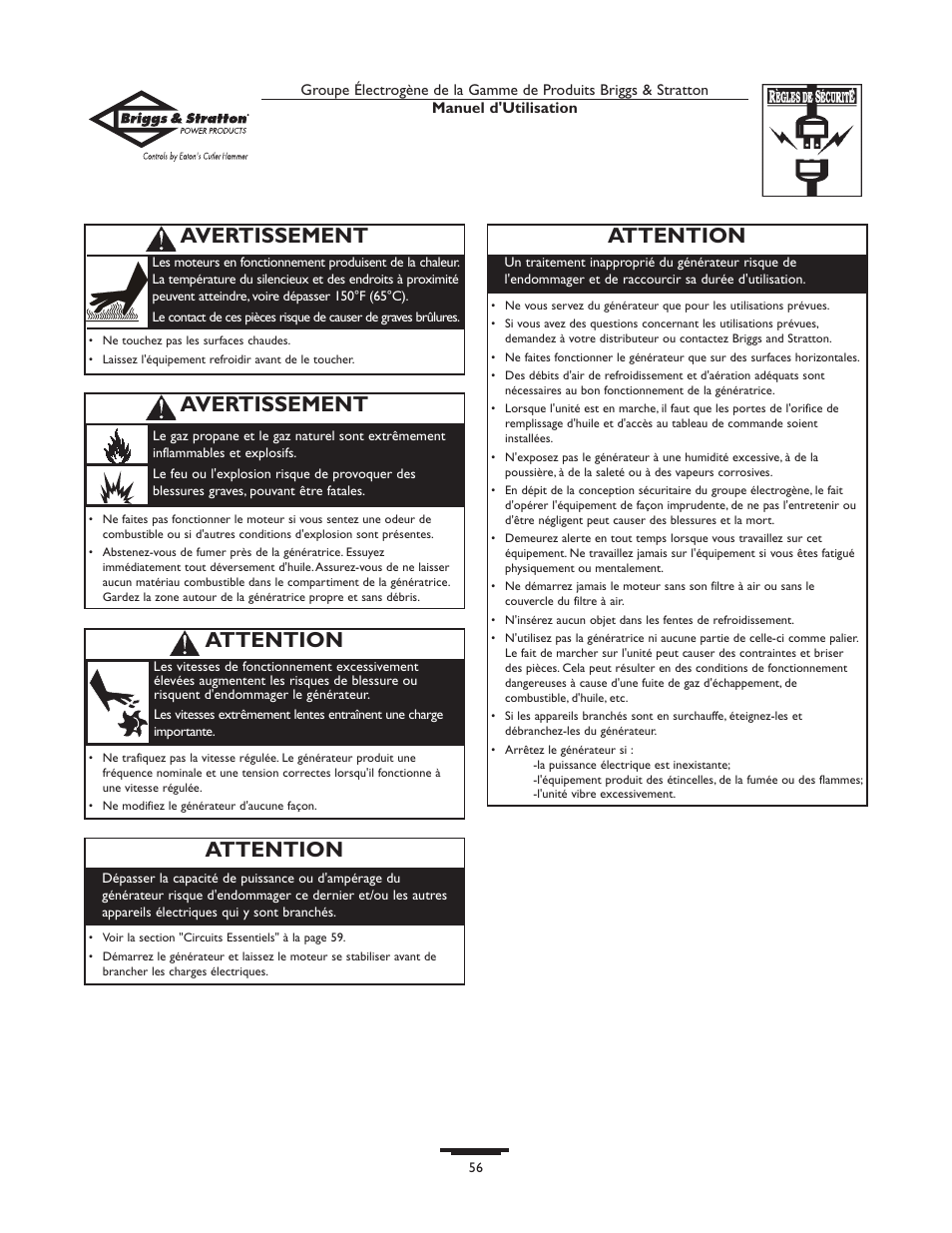 Avertissement, Attention | Briggs & Stratton 190839GS User Manual | Page 56 / 72