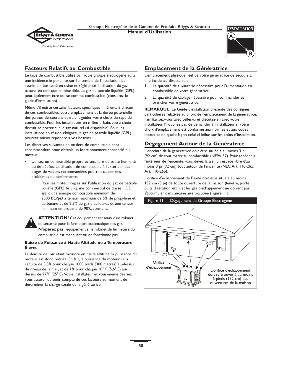 Facteurs relatifs au combustible, Emplacement de la génératrice, Dégagement autour de la génératrice | Briggs & Stratton 190839GS User Manual | Page 58 / 72