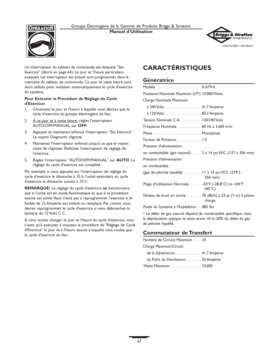 Caractéristiques, Génératrice, Commutateur de transfert | Briggs & Stratton 190839GS User Manual | Page 67 / 72