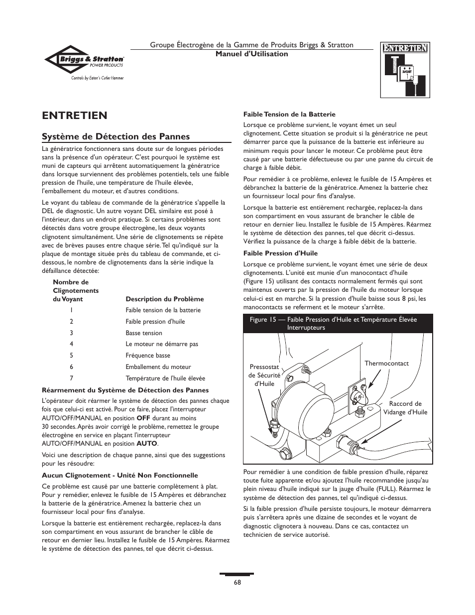 Entretien, Système de détection des pannes | Briggs & Stratton 190839GS User Manual | Page 68 / 72