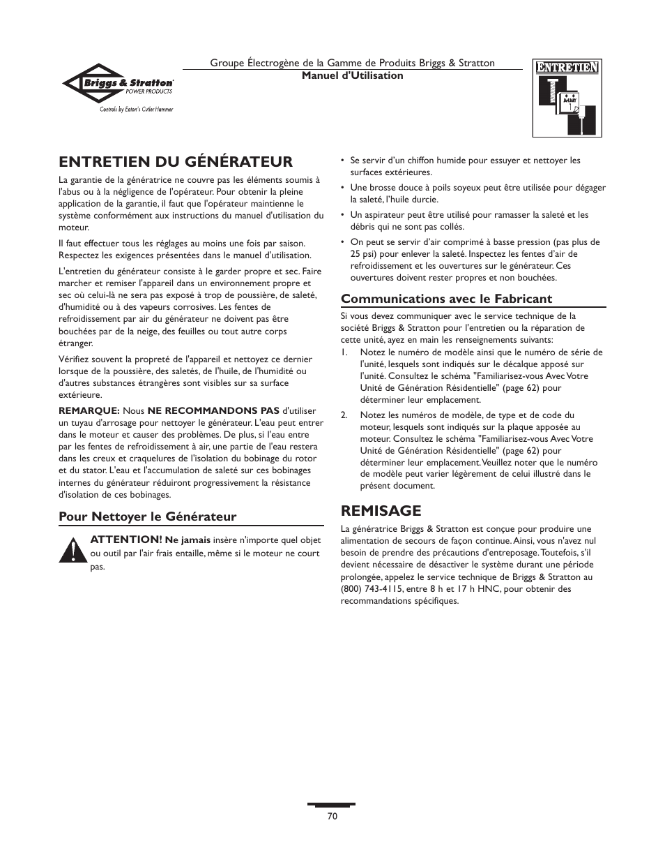 Entretien du générateur, Remisage | Briggs & Stratton 190839GS User Manual | Page 70 / 72