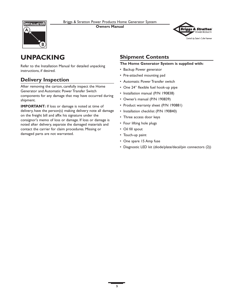 Unpacking, Delivery inspection, Shipment contents | Briggs & Stratton 190839GS User Manual | Page 9 / 72