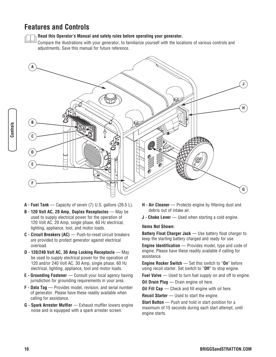 Features and controls | Briggs & Stratton 6200 Watt User Manual | Page 10 / 52