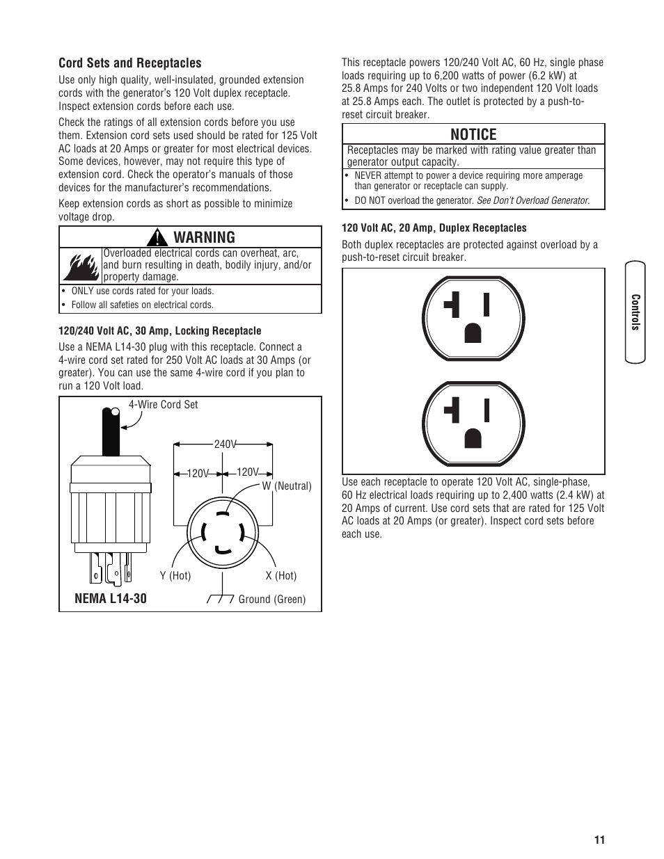 Cord sets and receptacles, Warning, Notice | Briggs & Stratton 6200 Watt User Manual | Page 11 / 52
