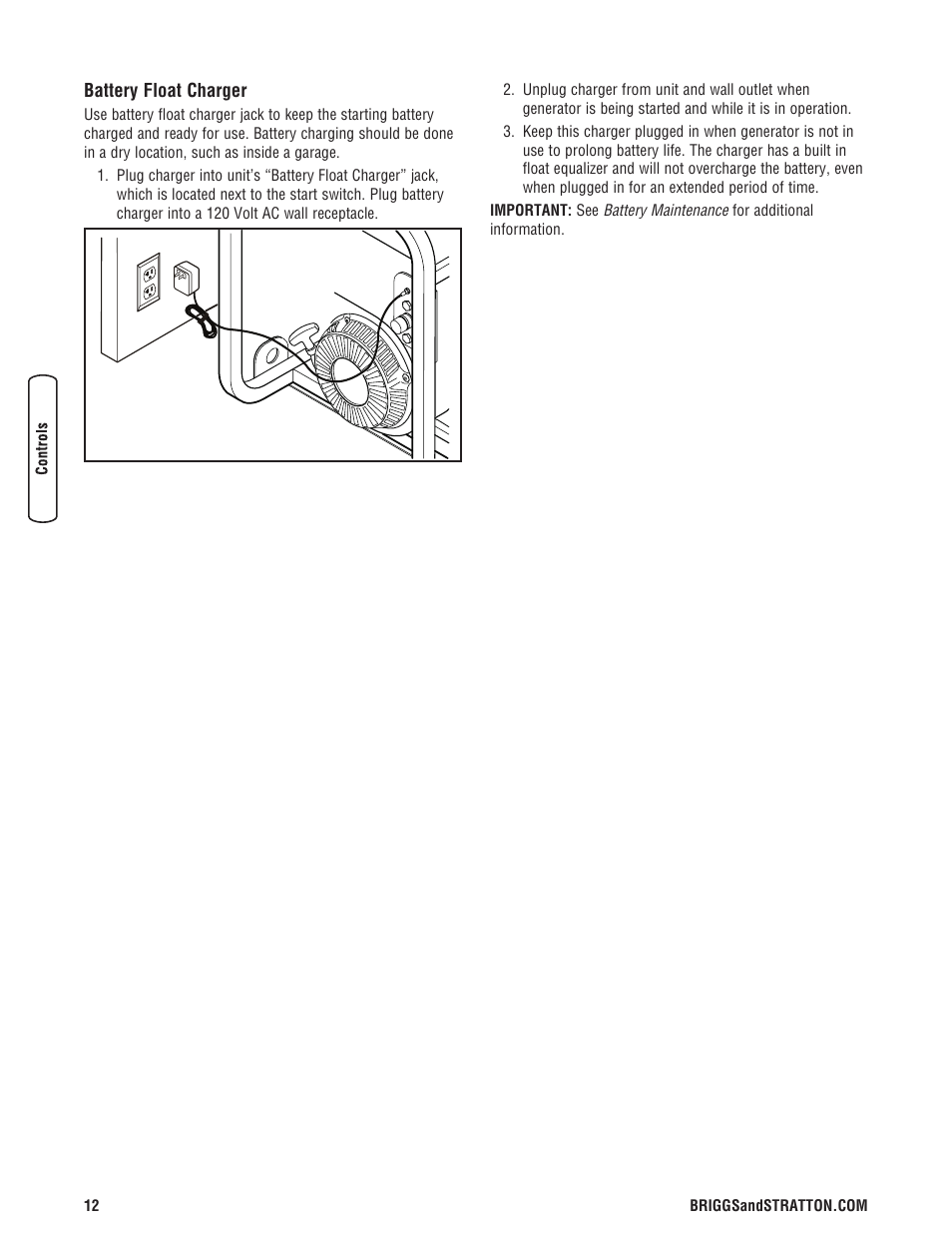 Battery float charger | Briggs & Stratton 6200 Watt User Manual | Page 12 / 52