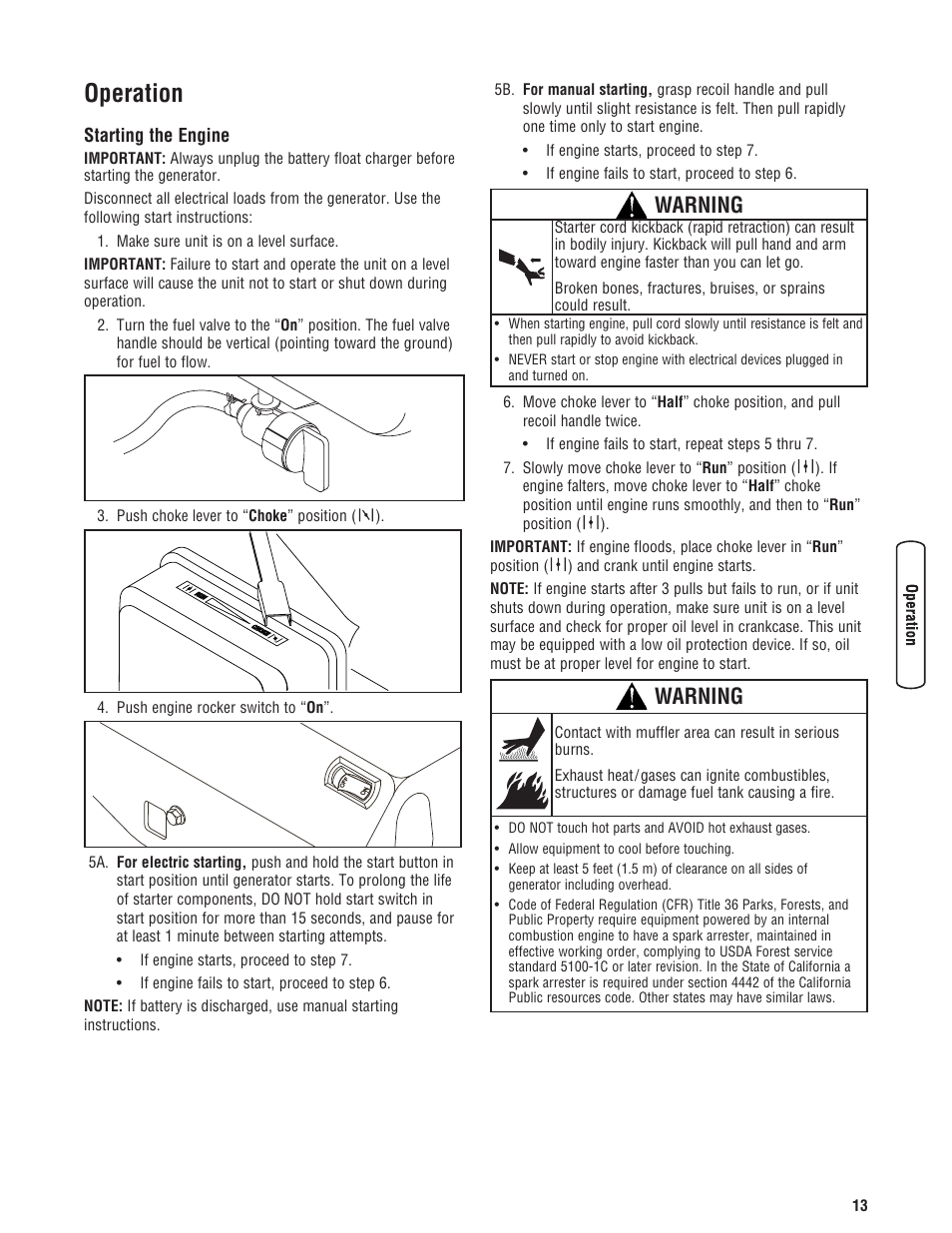 Operation, Starting the engine, Warning | Briggs & Stratton 6200 Watt User Manual | Page 13 / 52