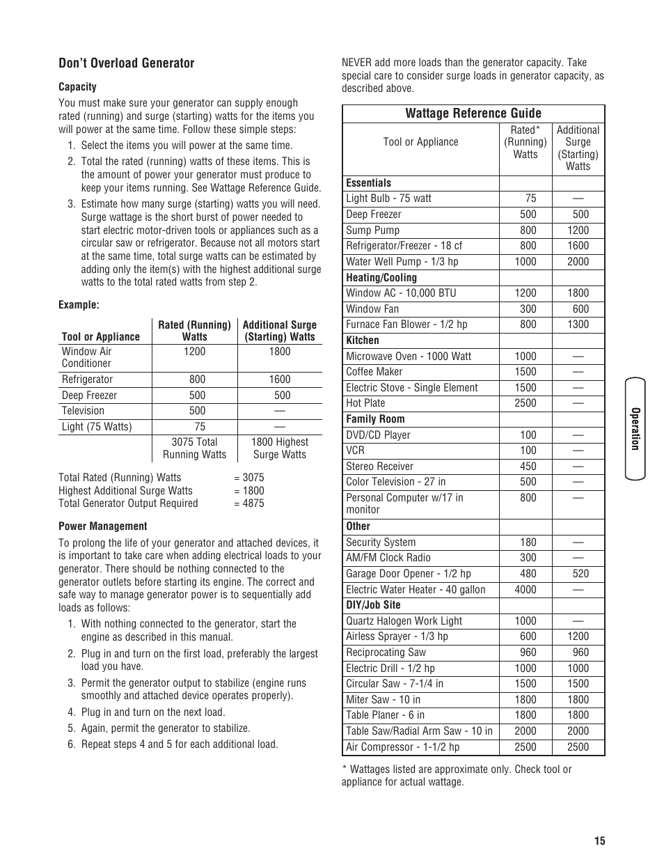 Don’t overload generator | Briggs & Stratton 6200 Watt User Manual | Page 15 / 52