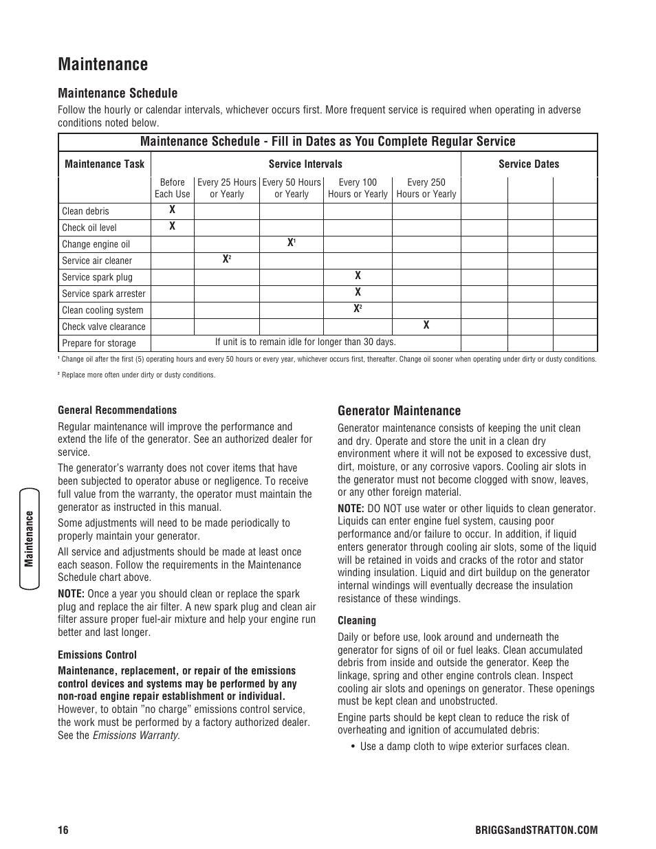 Maintenance, Maintenance schedule generator maintenance, Maintenance schedule | Generator maintenance | Briggs & Stratton 6200 Watt User Manual | Page 16 / 52
