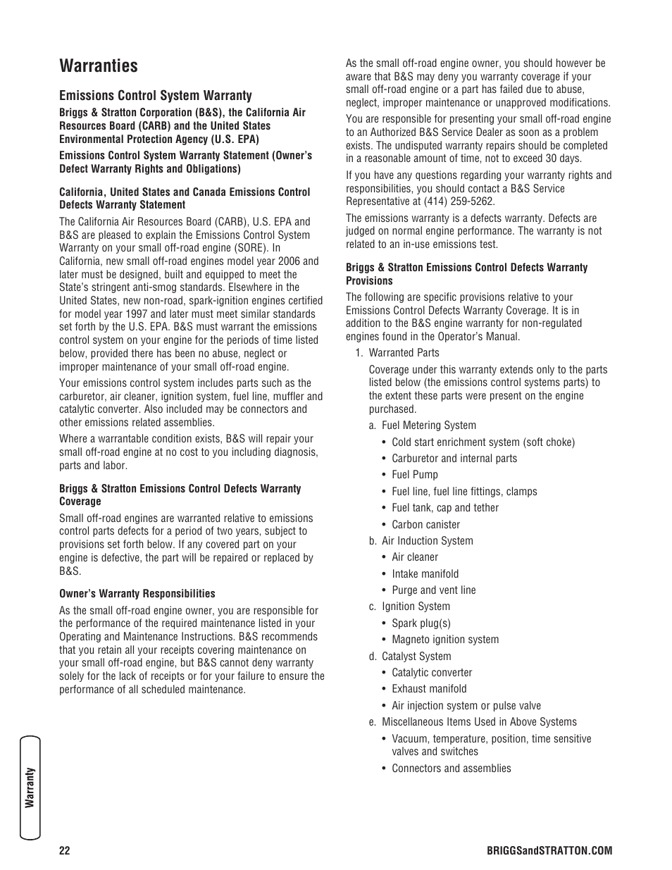 Warranties, Emissions control system warranty | Briggs & Stratton 6200 Watt User Manual | Page 22 / 52