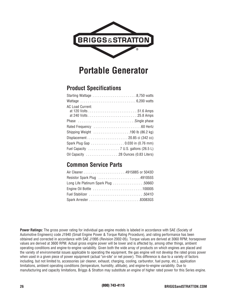 Portable generator, Product specifications, Common service parts | Briggs & Stratton 6200 Watt User Manual | Page 26 / 52