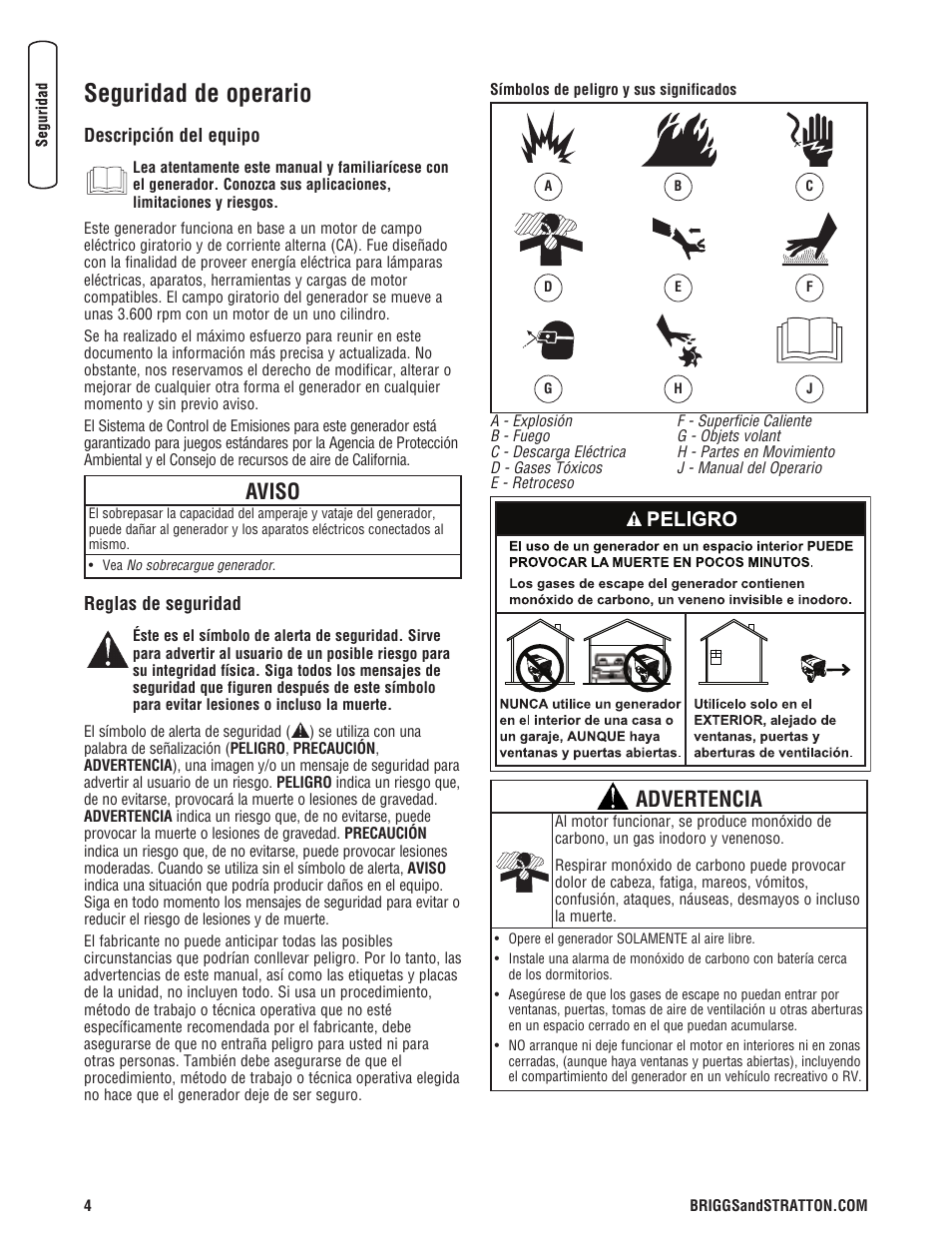 Seguridad de operario, Aviso, Advertencia | Briggs & Stratton 6200 Watt User Manual | Page 30 / 52
