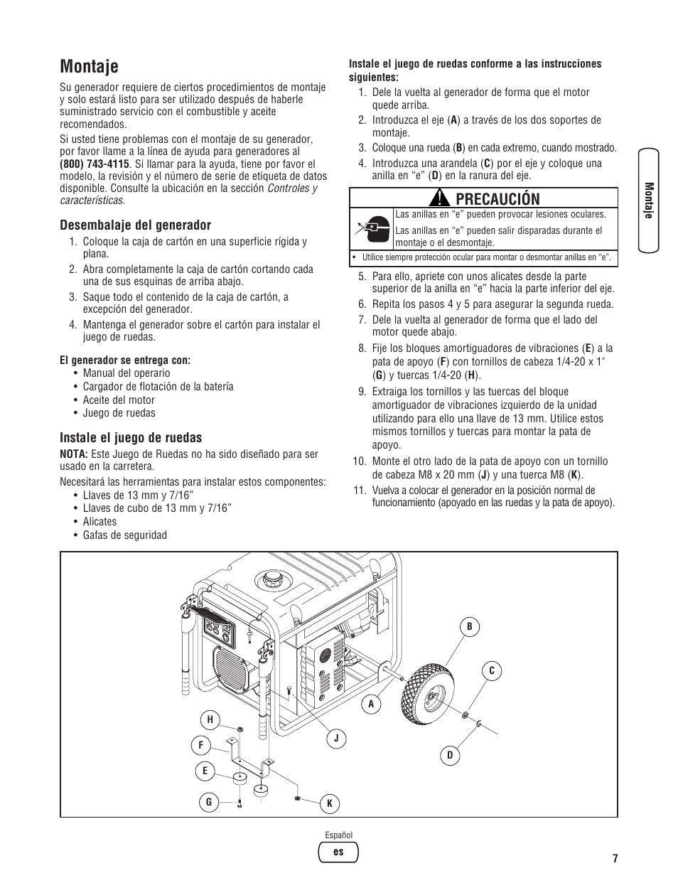 Montaje, Precaución | Briggs & Stratton 6200 Watt User Manual | Page 33 / 52