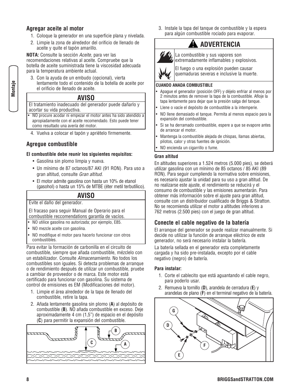 Aviso, Advertencia | Briggs & Stratton 6200 Watt User Manual | Page 34 / 52
