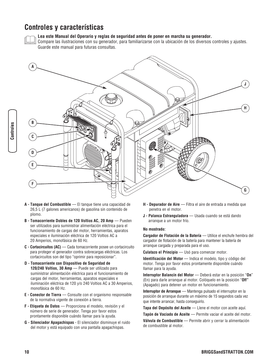 Controles y características | Briggs & Stratton 6200 Watt User Manual | Page 36 / 52