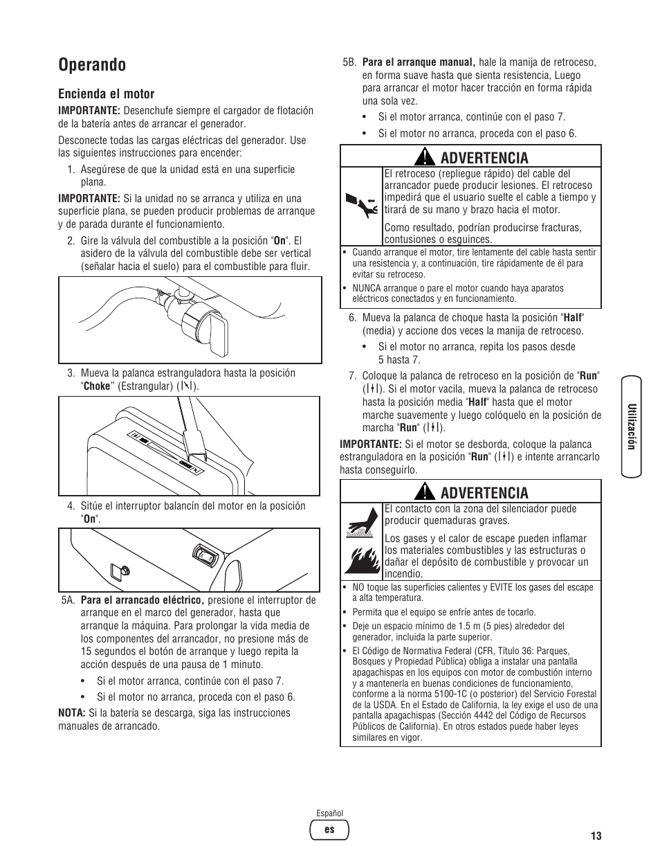 Operando, Advertencia | Briggs & Stratton 6200 Watt User Manual | Page 39 / 52