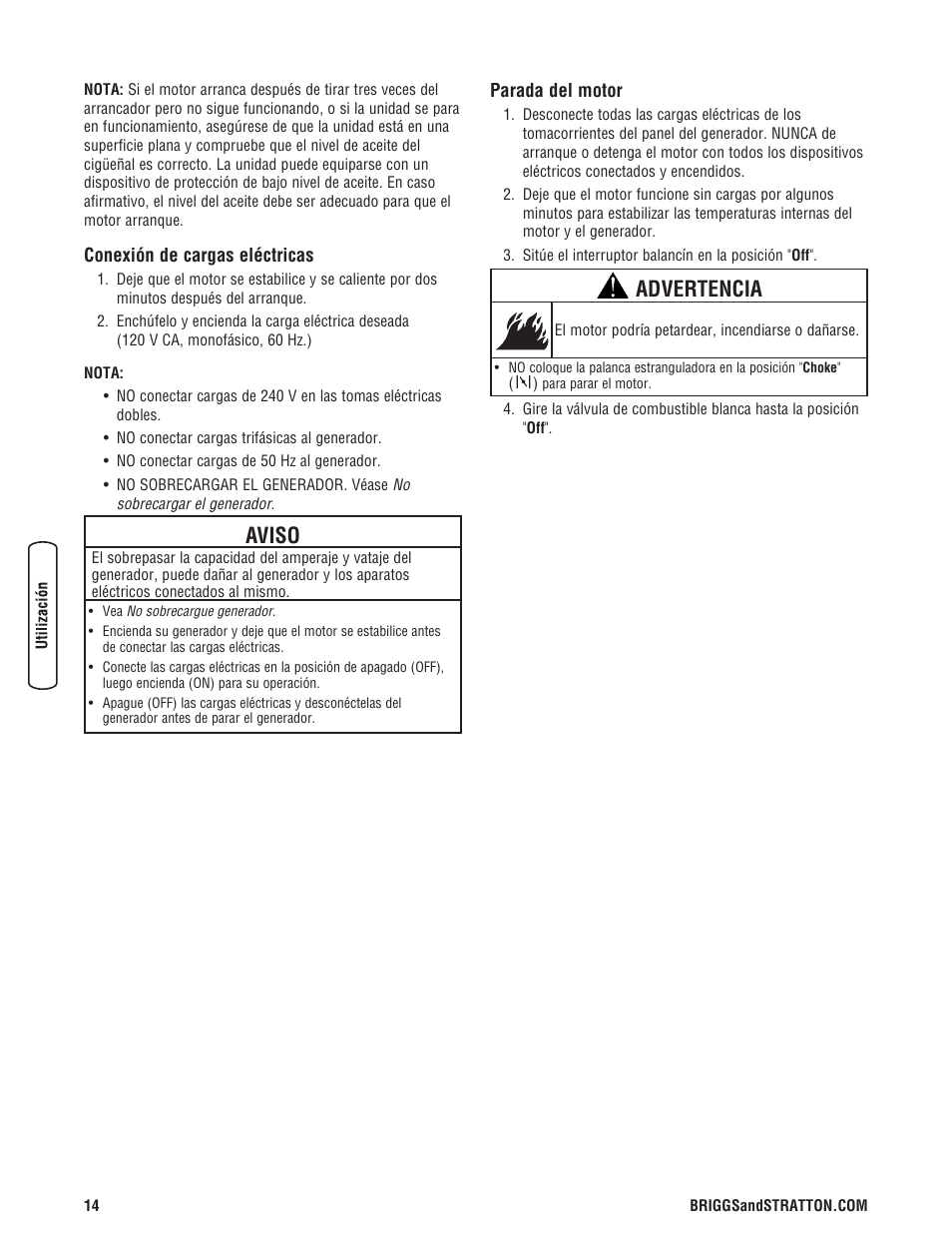 Aviso, Advertencia | Briggs & Stratton 6200 Watt User Manual | Page 40 / 52