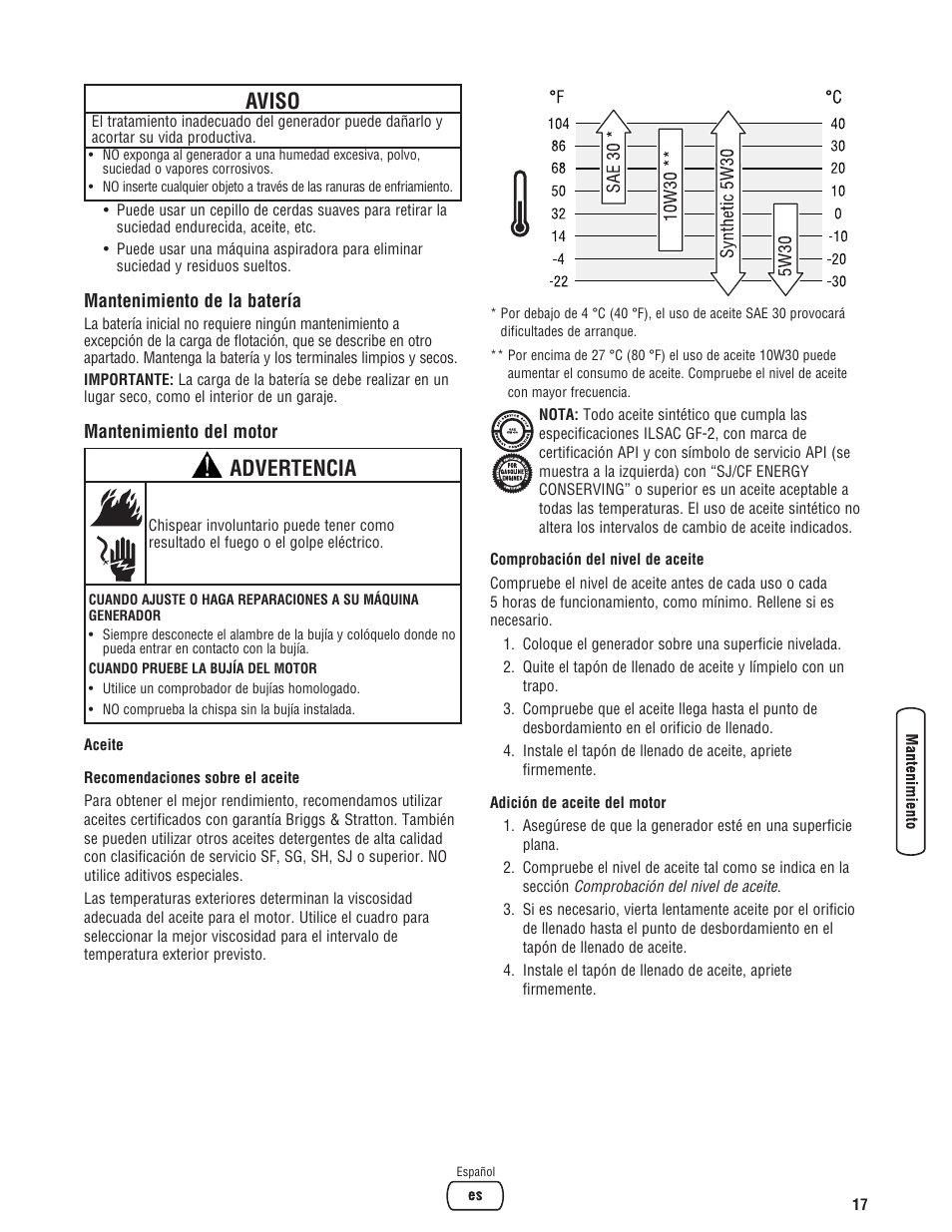 Aviso, Advertencia | Briggs & Stratton 6200 Watt User Manual | Page 43 / 52