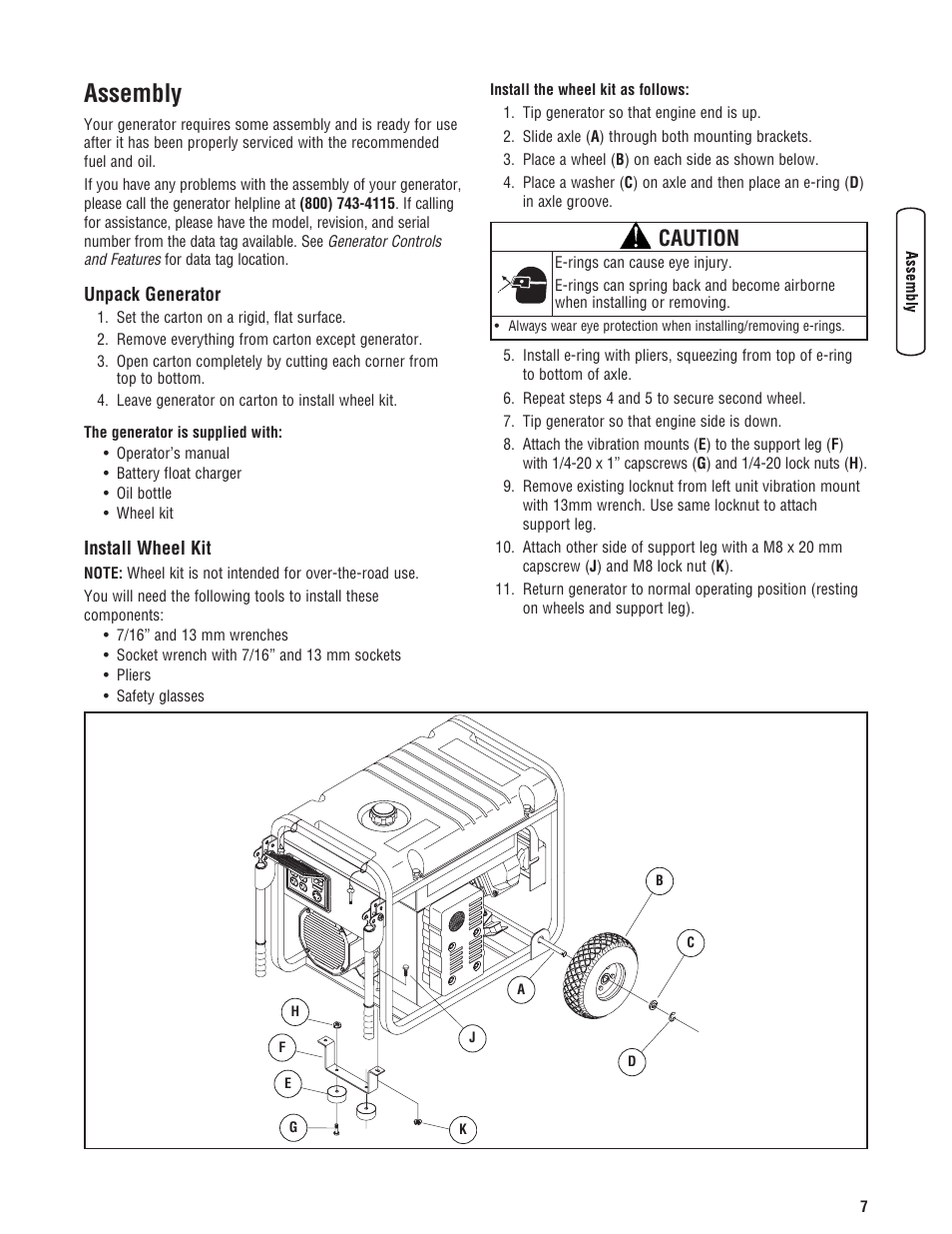 Assembly, Unpack generator install wheel kit add engine oil, Caution | Briggs & Stratton 6200 Watt User Manual | Page 7 / 52