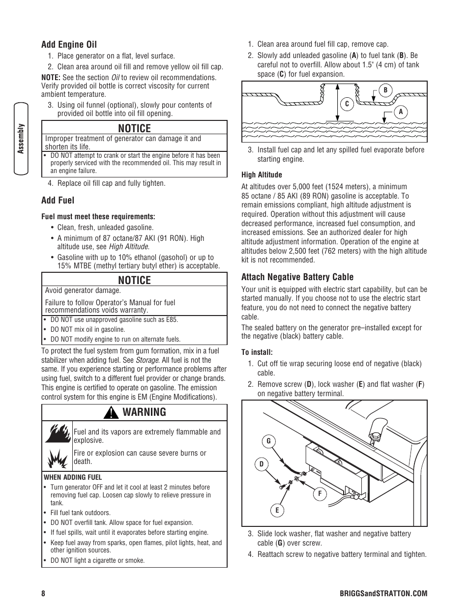 Attach negative battery cable, Notice, Warning | Briggs & Stratton 6200 Watt User Manual | Page 8 / 52
