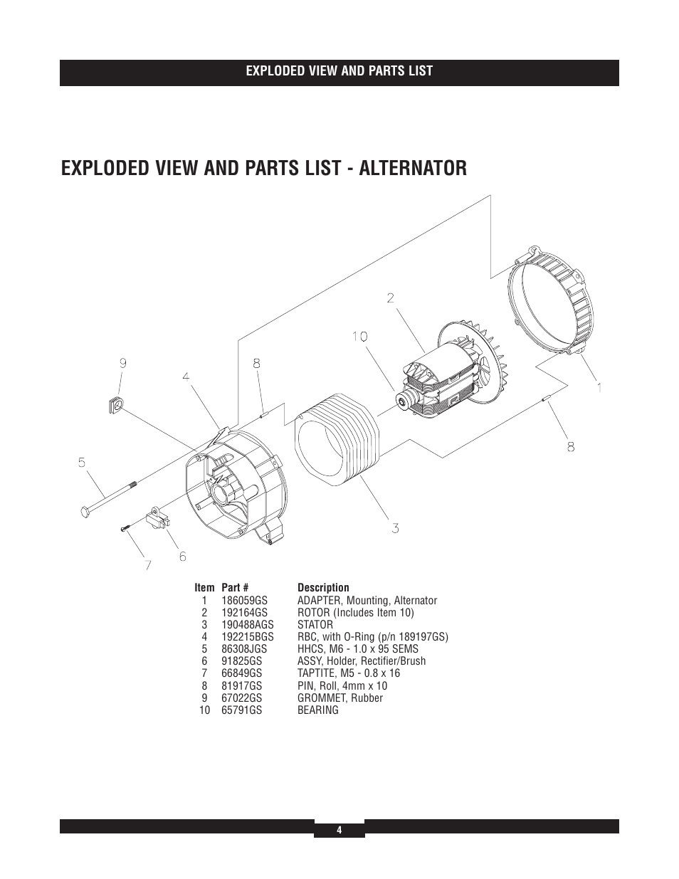 Exploded view and parts list - alternator | Briggs & Stratton Elite 01653-4 User Manual | Page 4 / 6