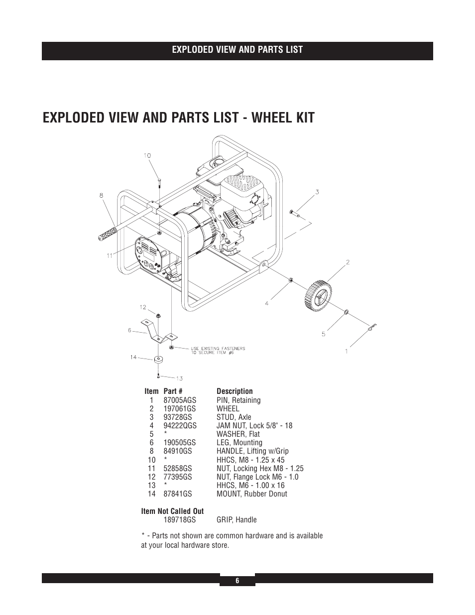 Exploded view and parts list - wheel kit | Briggs & Stratton Elite 01653-4 User Manual | Page 6 / 6