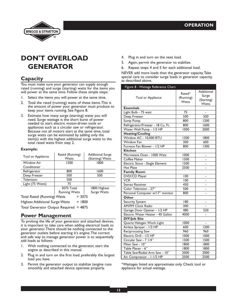 Don't overload generator, Capacity, Power management | Operation | Briggs & Stratton 30238 User Manual | Page 12 / 44