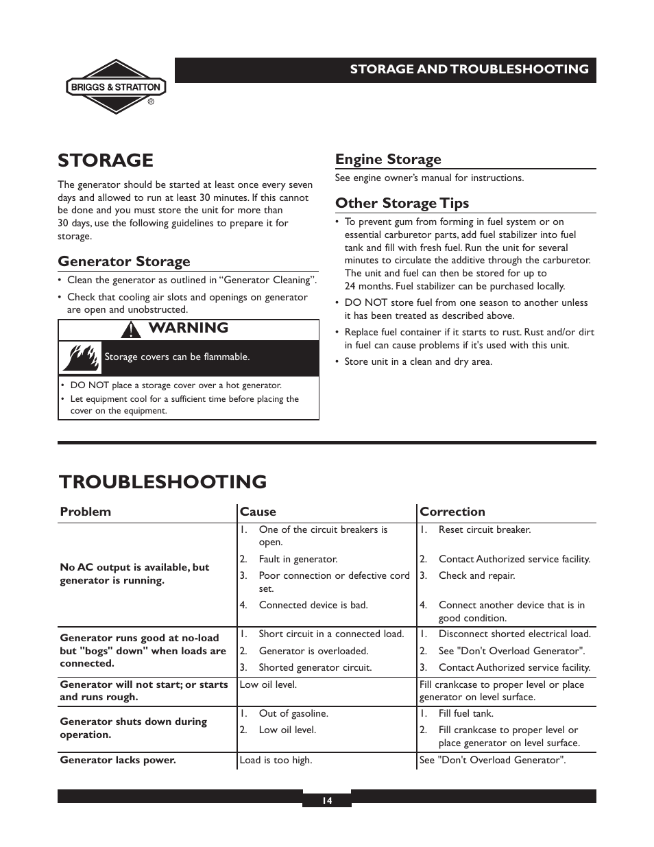 Storage, Troubleshooting, Generator storage | Engine storage, Other storage tips, Warning | Briggs & Stratton 30238 User Manual | Page 14 / 44