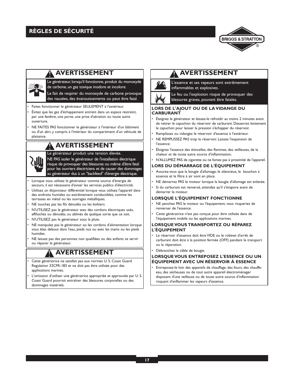 Avertissement, Règles de sécurité | Briggs & Stratton 30238 User Manual | Page 17 / 44