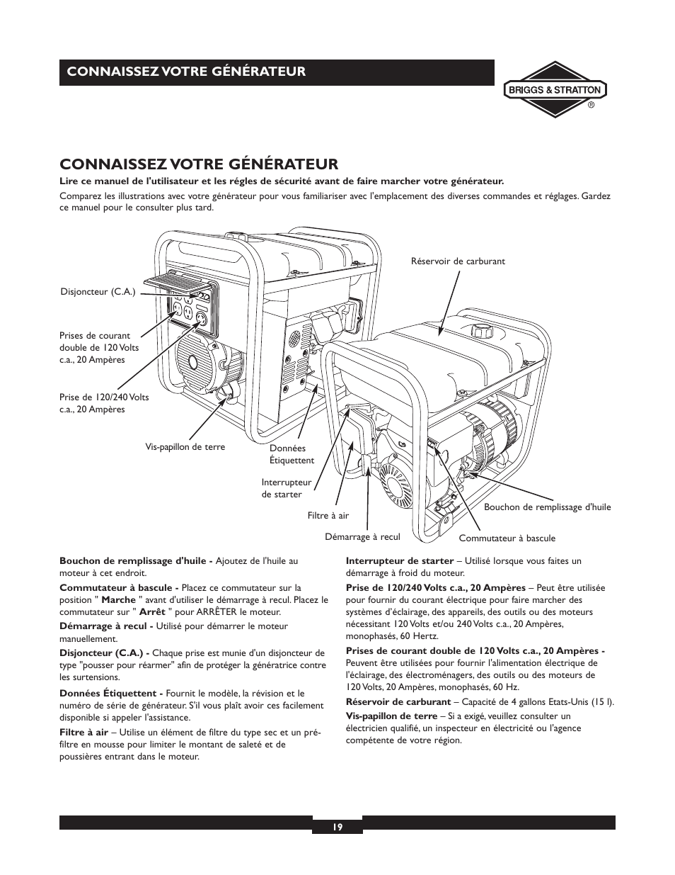 Connaissez votre générateur | Briggs & Stratton 30238 User Manual | Page 19 / 44