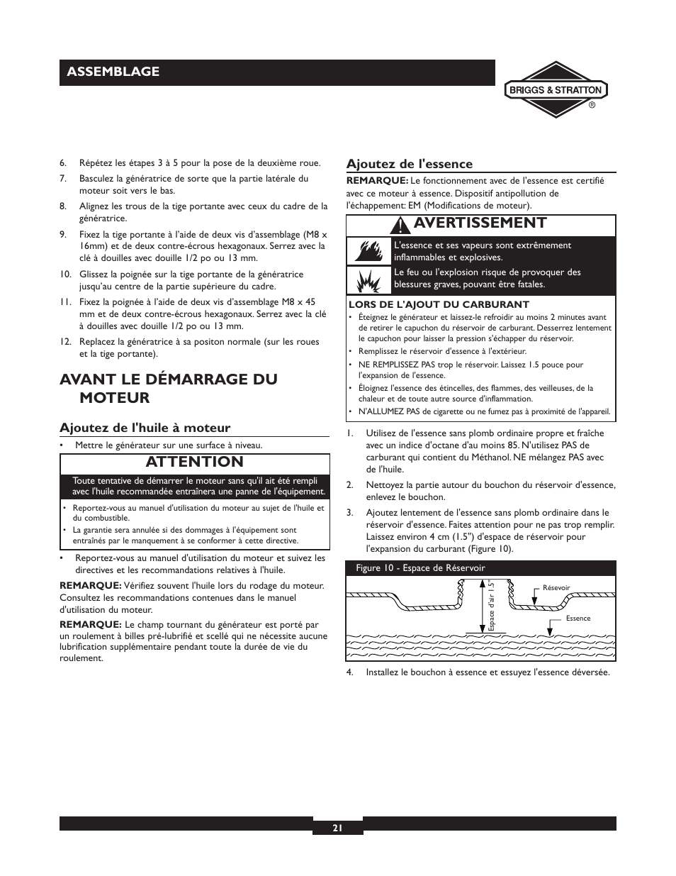 Avant le démarrage du moteur, Attention, Avertissement | Assemblage, Ajoutez de l'huile à moteur, Ajoutez de l'essence | Briggs & Stratton 30238 User Manual | Page 21 / 44