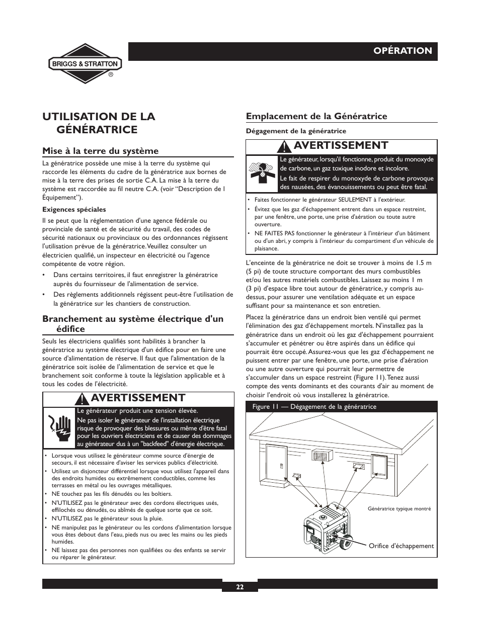 Utilisation de la génératrice, Avertissement, Opération | Mise à la terre du système, Branchement au système électrique d'un édifice, Emplacement de la génératrice | Briggs & Stratton 30238 User Manual | Page 22 / 44