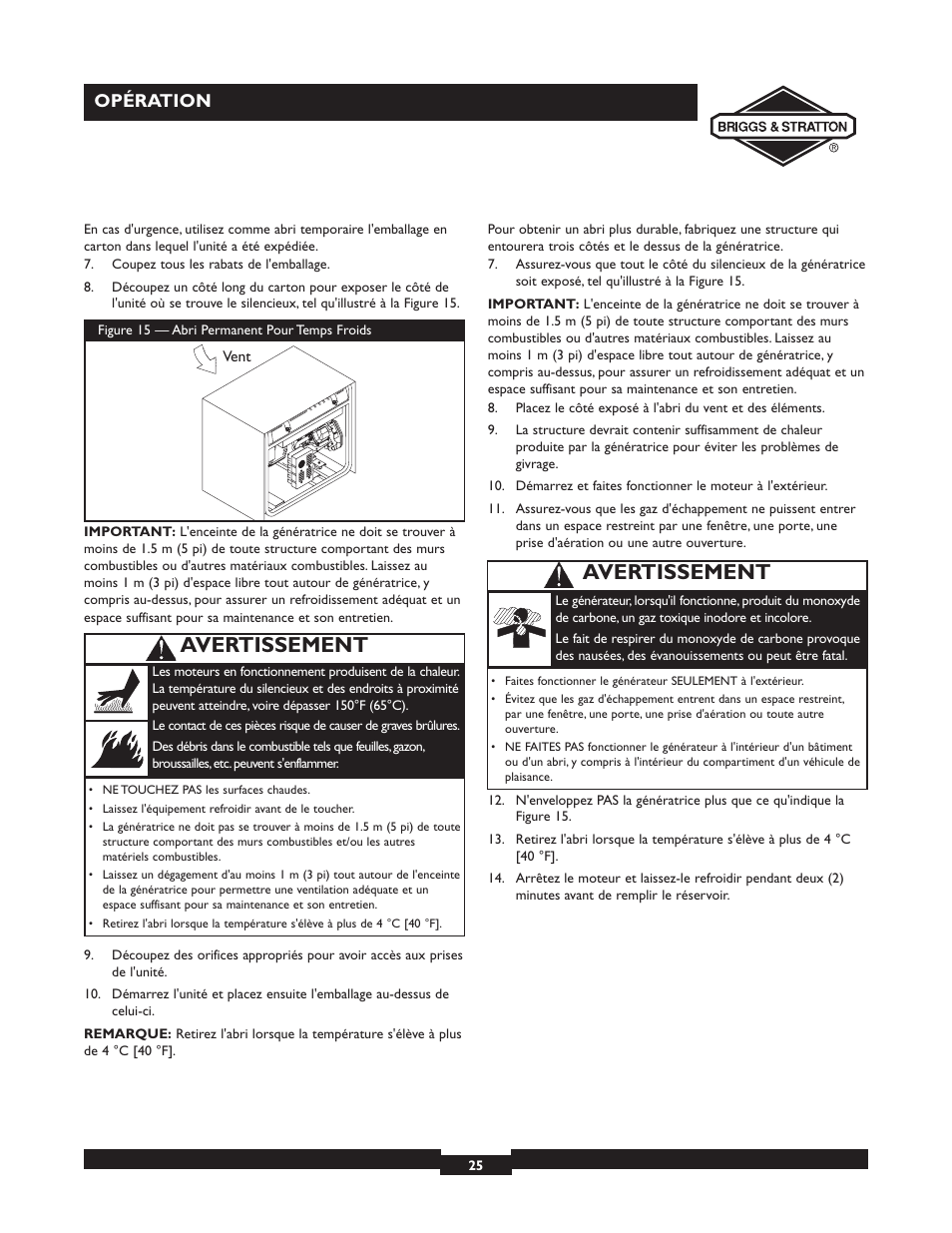 Avertissement, Opération | Briggs & Stratton 30238 User Manual | Page 25 / 44