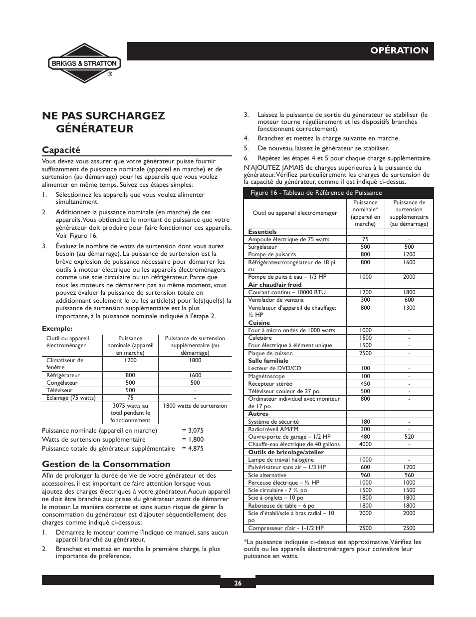 Ne pas surchargez générateur, Opération, Capacité | Gestion de la consommation | Briggs & Stratton 30238 User Manual | Page 26 / 44