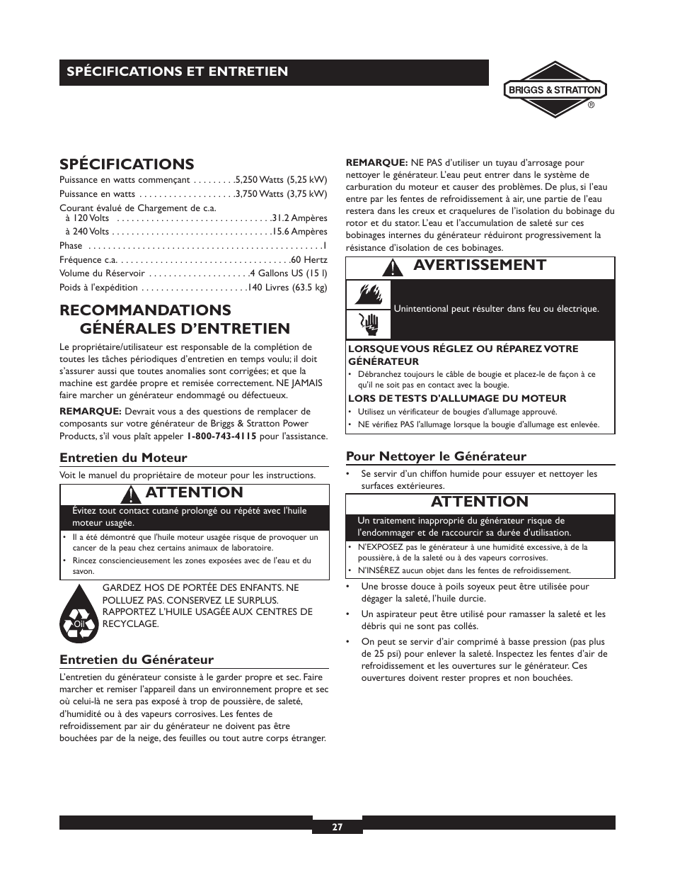 Spécifications, Recommandations générales d’entretien, Attention | Avertissement | Briggs & Stratton 30238 User Manual | Page 27 / 44