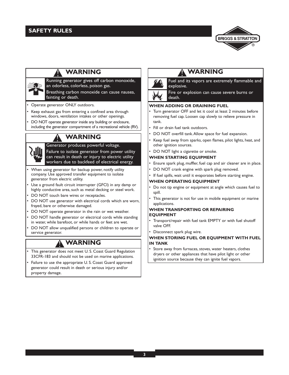 Warning | Briggs & Stratton 30238 User Manual | Page 3 / 44