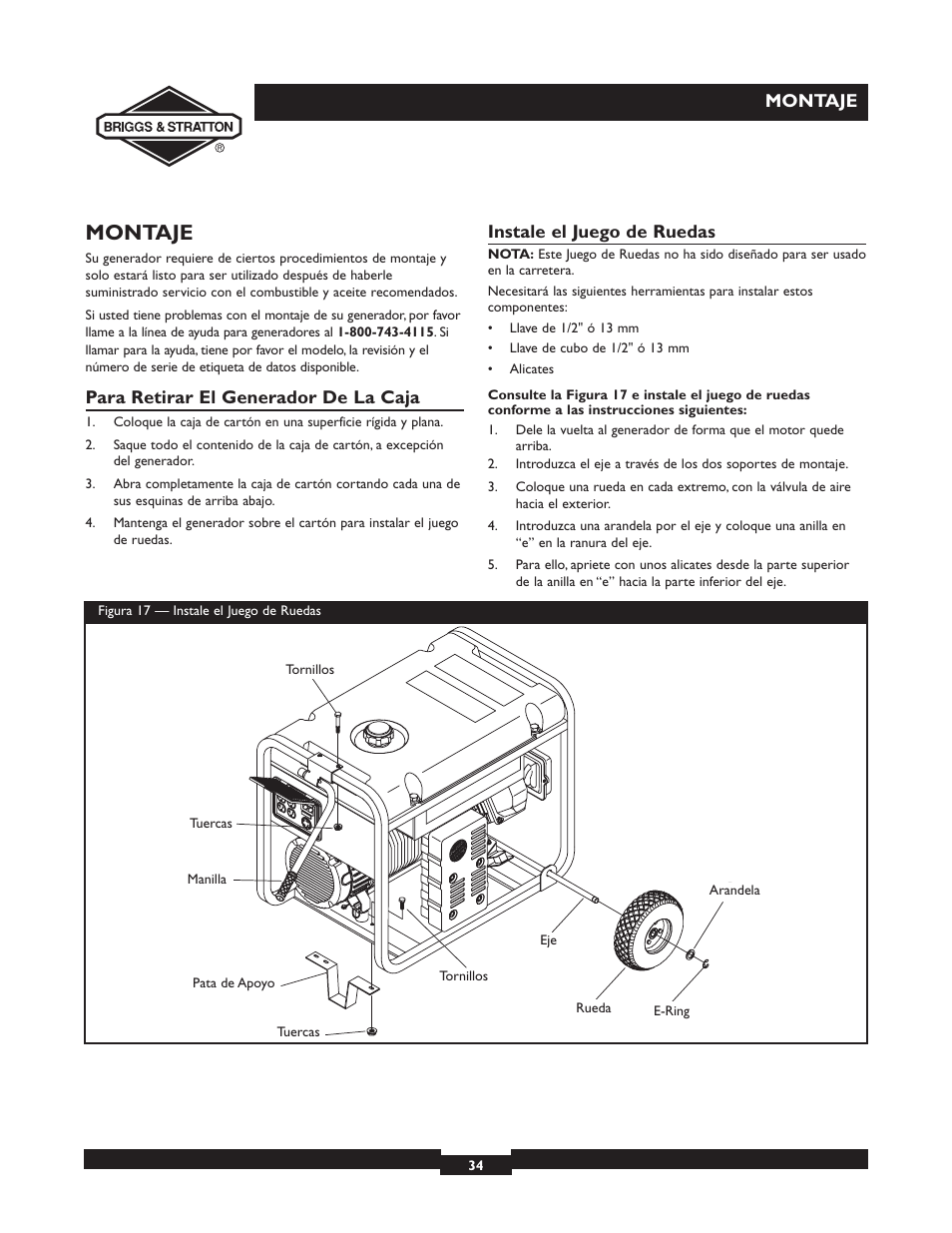 Montaje, Para retirar el generador de la caja, Instale el juego de ruedas | Briggs & Stratton 30238 User Manual | Page 34 / 44