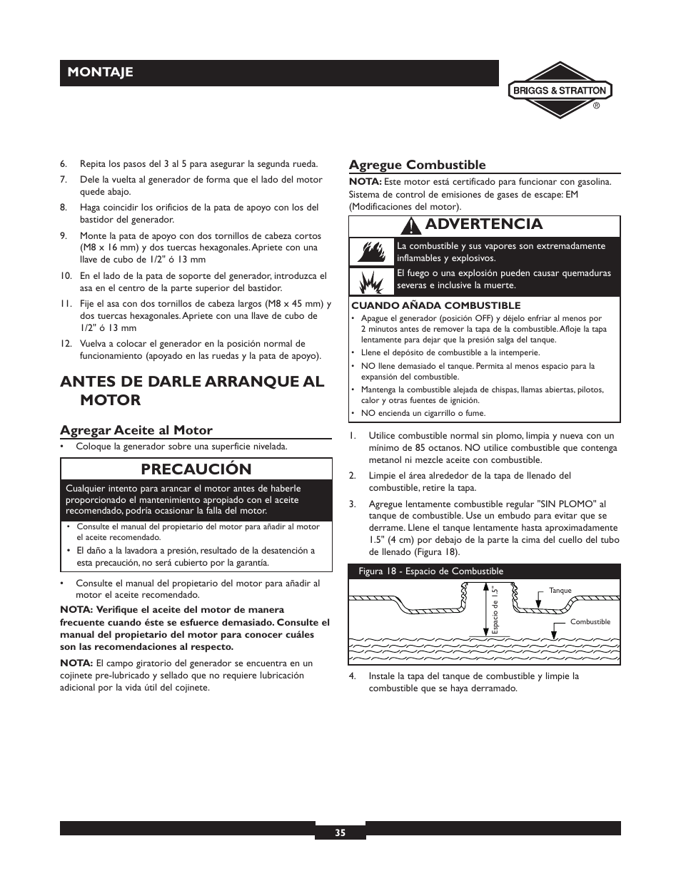 Antes de darle arranque al motor, Precaución, Advertencia | Agregar aceite al motor, Agregue combustible, Montaje | Briggs & Stratton 30238 User Manual | Page 35 / 44