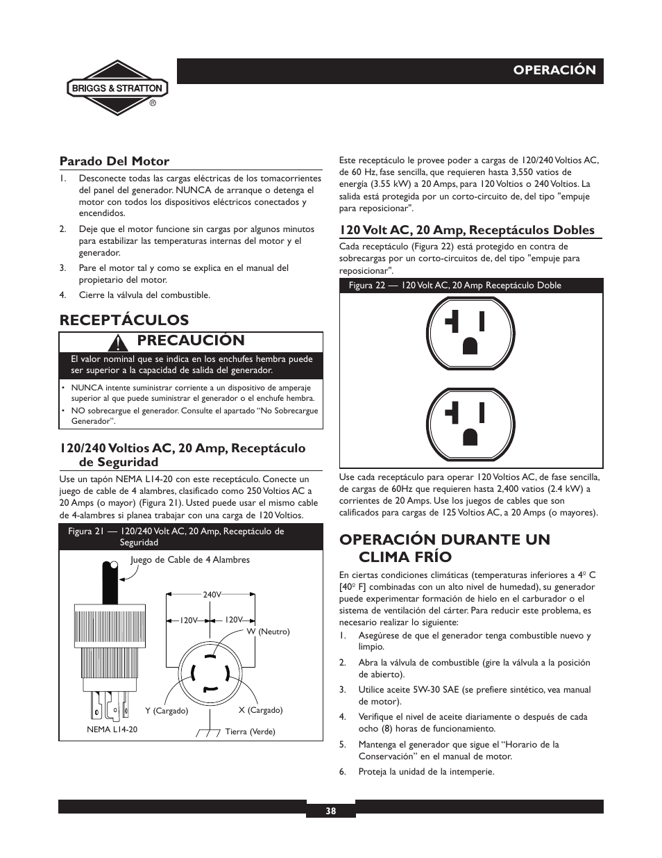 Receptáculos, Operación durante un clima frío, Precaución | Operación, Parado del motor | Briggs & Stratton 30238 User Manual | Page 38 / 44