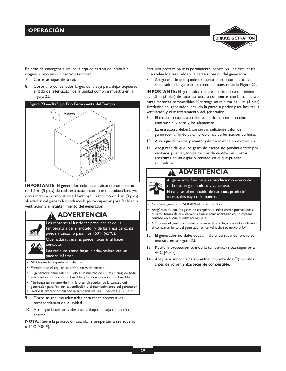 Advertencia, Operación | Briggs & Stratton 30238 User Manual | Page 39 / 44